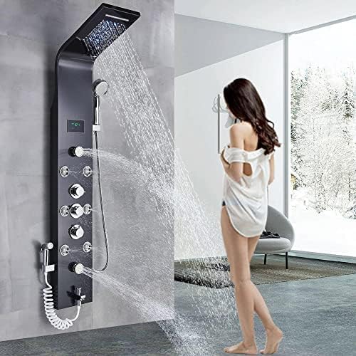 Columna de ducha Led Shower Panel Tower System en acero inoxidable, con sistema de lluvia y masaje, color negro miniatura 1
