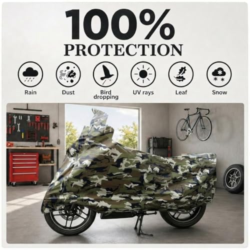 Image of Sulfar 100% Waterproof Universal Bike Cover UV Protection & Dustproof Bike Body Cover for Two Wheeler Bike Scooter Scooty Activa (Jungle White)