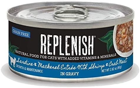 Replenish Grain Free Sardine & Mackerel Entrée with Shrimp & Crab Meat in Gravy Natural Wet Canned Cat Food, 2.82 oz
