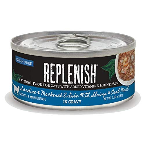 Replenish Grain Free Sardine & Mackerel Entrée with Shrimp & Crab Meat in Gravy Natural Wet Canned Cat Food, 2.82 oz