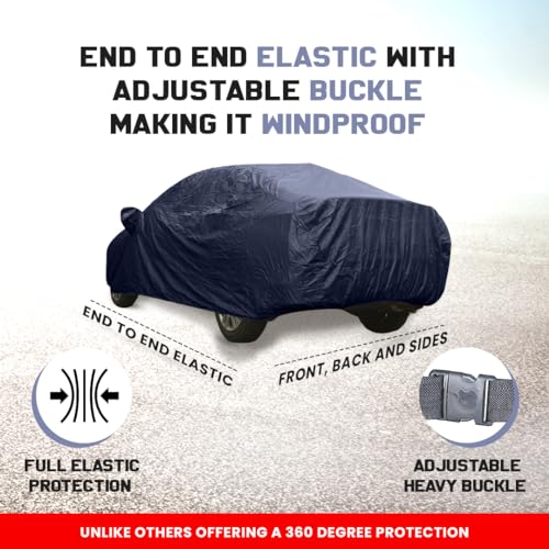 Image of Autofact Car Body Cover for MG Comet | Triple-Stitched, Windproof with Buckle Belt, Elastic Hem, UV Protection, Scratchproof & Dustproof, Soft Feather-Like Fabric for All-Weather Protection (Navy)