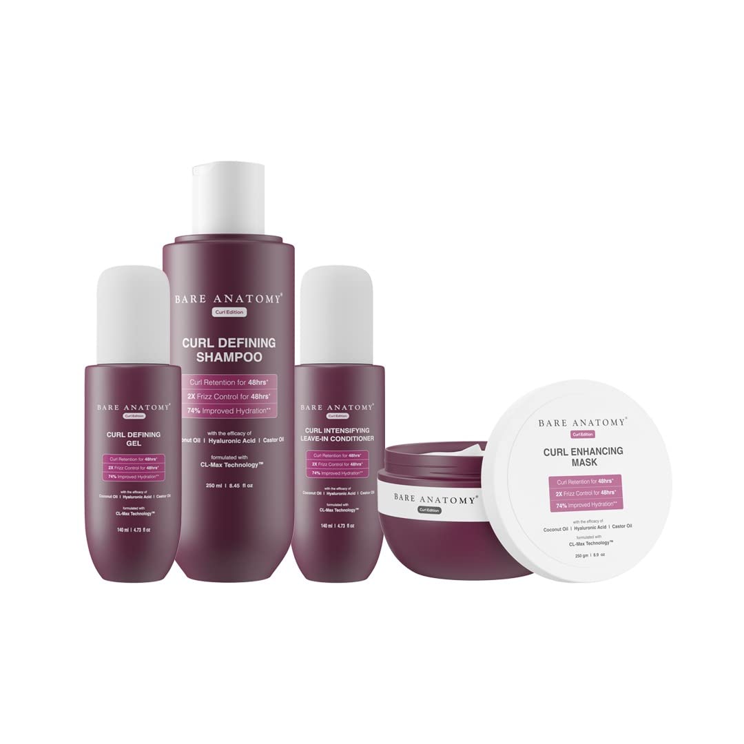 Bare AnatomyCurl Defining Shampoo + Hair Mask + Leave-In Conditioner + Gel | Curl Retention & 2X Frizz Protection | Coconut Oil, Hyaluronic Acid & Castor Oil | 250ml + 250g + 140ml + 140ml