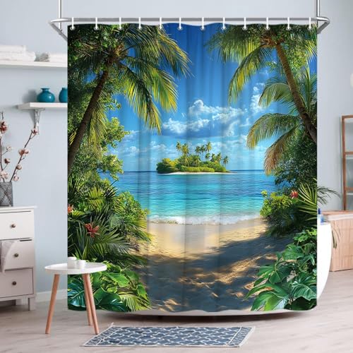 Rideau de douche plage tropicale turquoise lavable en machine 130x183cm
