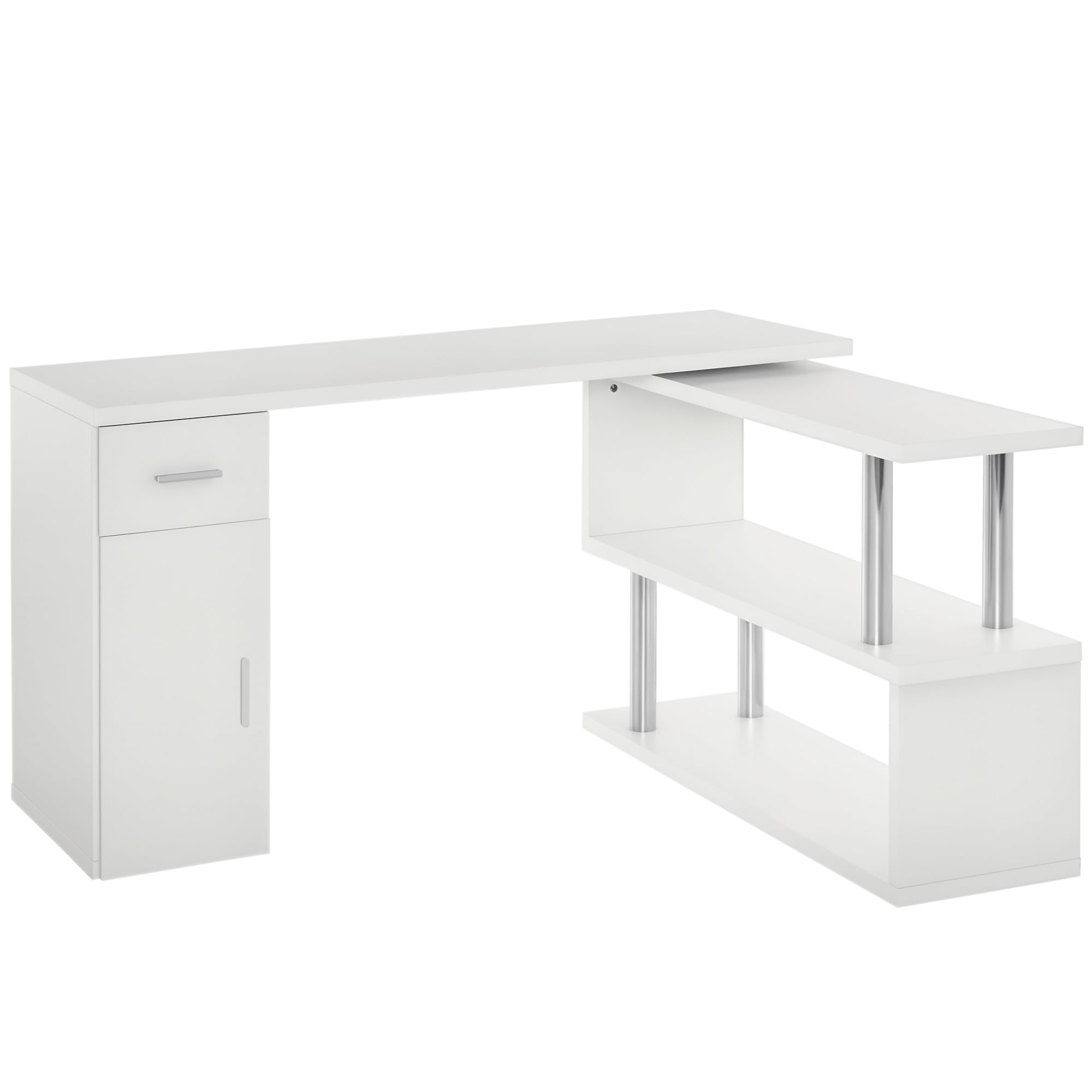 HOMCOM Scrivania Angolare con Cassetto, Armadietto e Mensole, Bianco | Moderna, in Legno, Arredamento per Ufficio e Casa