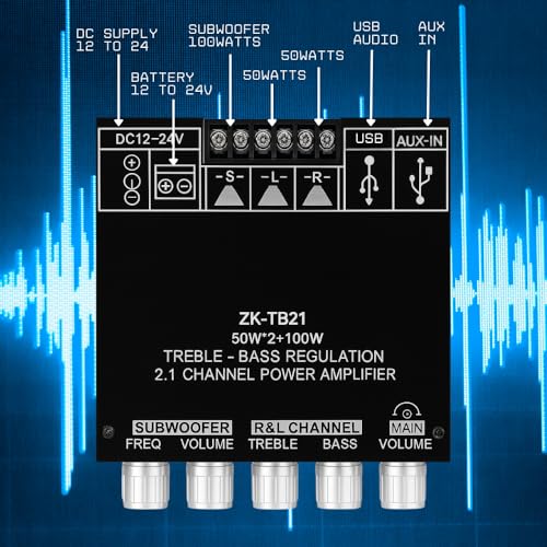 Image of ZK TB21(CAAV-AP-09)2.1 Channel Digital Amplifier Board with USB 2x50W+100W Power Output, TPA3116 Amplifier Board Bluetooth Enabled, Black PCB, DC 12-24V Input