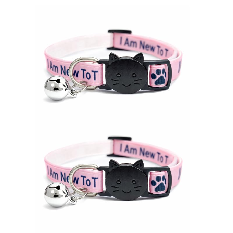 Worded Cat Collars – Please Do Not Feed Me, I Am Microchipped | Safe Quick Release Breakaway Buckle | Zacal Cat Collars (Pack of 2, Pink, I Am New To The Area)
