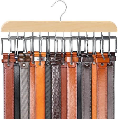 Belt Hanger for Closet Max 42 Belts, Sturdy Wood Belts Rack Closet Accessories with 14 Hooks Belt Organizer for Men Organizers and Storage -Wood 1 Pack