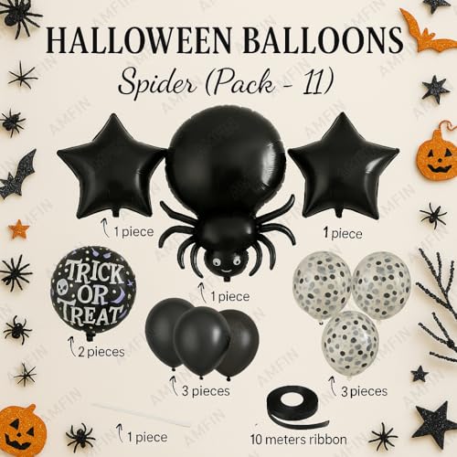 Image of AMFIN (Pack of 11) Halloween Spider Balloon Decoration Set - Black Spider Foil Balloon, inchTrick or Treat inch Round Balloons, 2 black star balloons - Spooky Halloween Party Supplies for Kids & Adults