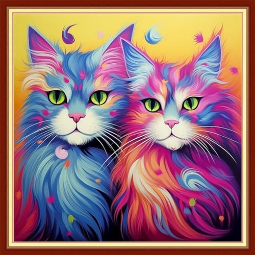Image of Foxdiviy Stamped Cross Stitch Kits Full Range of Embroidery Needlework Starter Kits for Beginners Adults 11CT Embroidery Patterns Art Crafts DIY Needlepoint Kits-Colorful Cat 18x18 inch, ColourKits28
