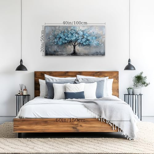crmotu Tree of Life Large Wall Art, Cherry Blossom Canvas Oil Paintings, Abstract Blue Tree Art Prints, Teal Modern Home Wall Decor Living Room Bedroom Pictures, Neutral Office Decor Artwork 20"X40"