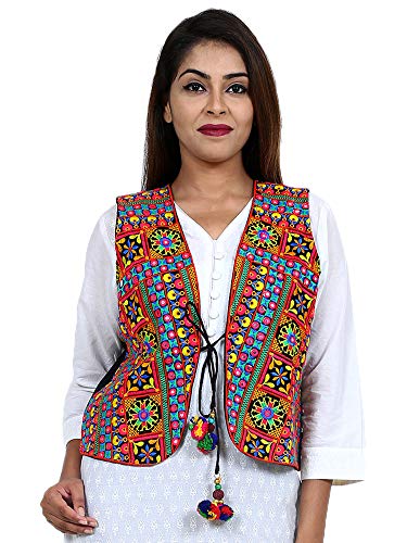 Image of Craft Trade Women's Cotton Embroidered Kutchi Jacket with Tassels Sleeveless Mirror Work