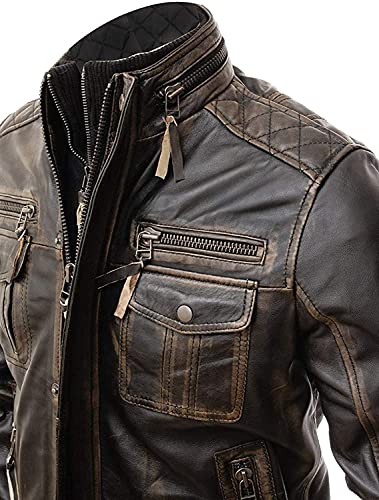 SAMS Mens Motorcycle Brown Vintage Distressed Cafe Racer Slim Fit Real Leather Jacket - Snap/Zip Front Leather Biker Jacket3