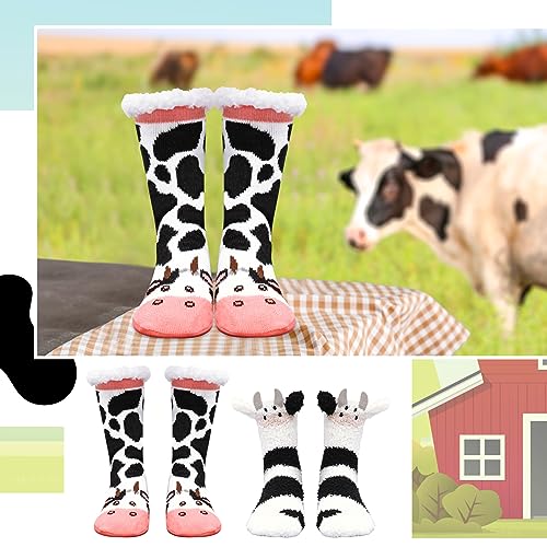 Image of Liitrsh 2 Pairs Fuzzy Slipper Socks with Grippers Animal Sock Sherpa Lining Warm Plush Animal Lover Gift for Valentine's Day