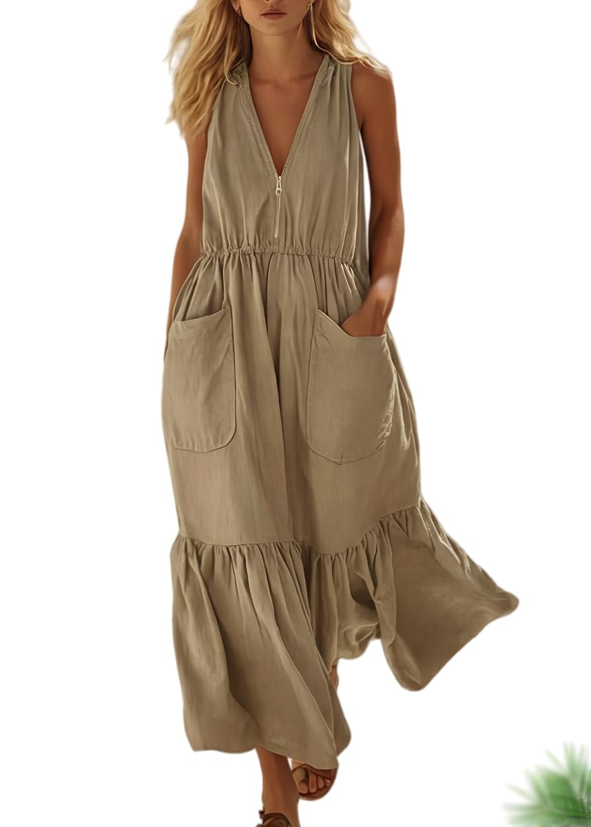 Generico Abito Midi da Donna Casual in Cotone e Lino Nero con Mezza Zip, Scollo a V e Senza Maniche, Ideale per Vacanze al Mare, Viaggi e Vacanze.
