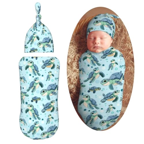 Image of Baby Sea Turtles Newborn Swaddle Blankets Hat Sets Soft Baby Receiving Blanket Swaddle Sack for Baby Shower Infant Boy Girl Gift