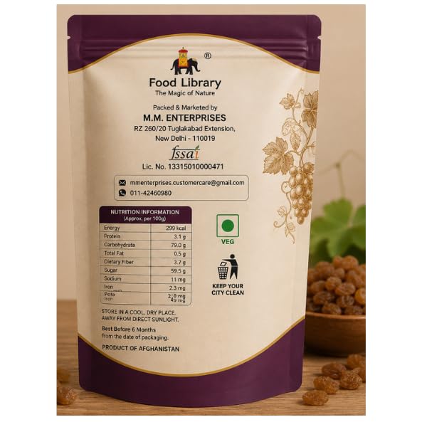 Food Library The Magic Of Nature Afghan Munnaka (Afghan Raisins) 275g | Premium Large Seeded Raisins | Naturally Sweet & Juicy | Rich in Fiber, Iron & Antioxidants | Healthy Dry Fruit Snack for Daily Nutrition.