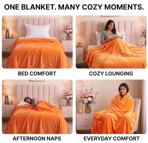 Image of BSB HOME Premium Flannel Blanket 280 GSM, Ultra Soft Plush & Cozy Warm Winter Blanket, Luxurious Single Bed Blanket for Adults, Elegant Solid Black Bedding, 90 x 61 Inches (230 x 155cm) - Burnt Orange