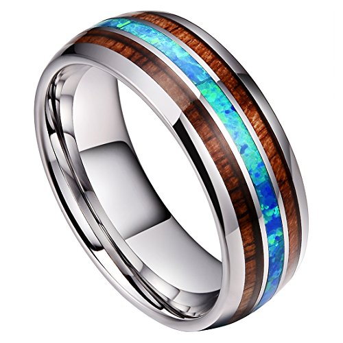 DOUX 8mm Mens Tungsten Carbide Ring Real Blue Opal & Koa Wood/Abalone Shell Inlay Wedding Band High Polished (Blue Opal & Koa Wood, 5.5)