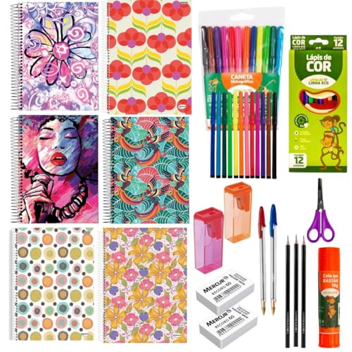 Kit Material Escolar Completo com 35 Itens, Cadernos Espirais, 12 Lápis de Cor, 12 Canetinhas, Tesoura, Cola, Apontador, Para Ensino Fundamental e Médio