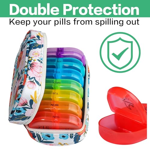 Image of Serfeymi Weekly Travel Pill Organizer 2 Times A Day AM PM Upgraded Rainbow Pill Box 7 Day with Portable Zipper PU Leather Pill Case, Medicine Organizer for Pills, Vitamins, Fish Oils - Floral 03
