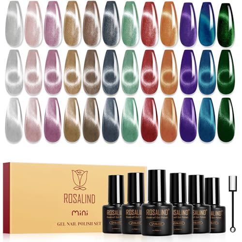 ROSALIND Esmaltes Semipermanentes Ojo de Gato, 12 Colores Púrpura Marrón Azul Verde Rojo Pintauñas Semipermanentes Cat Eye Gel Magnético con Imán, Soak Off Mini UV/LED Esmalte de Uñas Magnetico Regalo