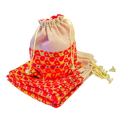Image of KRIWIN Pack of 20 pcs Big Size Brocade & Jute Potli Gift Bags (23 X 18 cm) Red & Beigeb 500 gr capacity