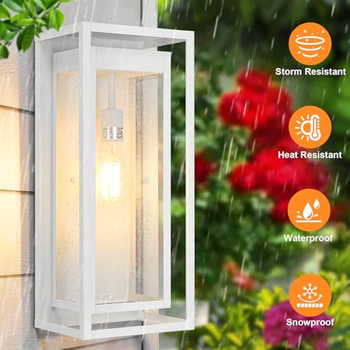 Image of 19 Inch White Outdoor Wall Light Fixtures, 2 Pack Porch Lights | Large Size, Anti-Rust, Waterproof, Tempered Glass, Easy Installation, Exterior Wall Sconces for House Entryway Garage