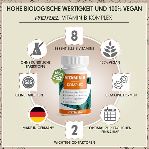 Vitamin B Komplex 365 Tabletten - B Komplex mit B12 - alle 8 B-Vitamine (B1, B2, B3, B5, B6, B7, B9, B12) + Co-Faktoren Cholin & Myo-Inositol, laborgeprüft mit Zertifikat, vegan