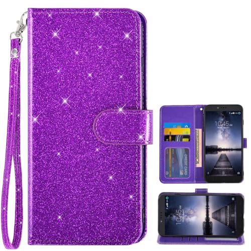 Asuwish Phone Case for ZTE ZMax Pro Z981/Blade X Max Z983/Max XL N9560/Max Duo LTE and Glitter Wallet Cover Card Holder Slot ZTE Z 981 983/X Max 3 Z986/Carry/Imperial Max Purple