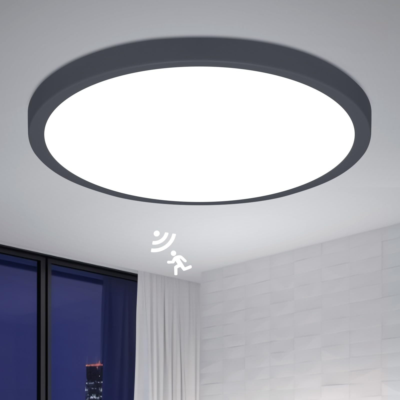 Combuh 3000K/4000K/6000K-Black Led Ceiling Light With Motion Twilight Sensor, 28W 2800Lm Ø30cm Round Black Ceiling Lamp With Radar Detector, //6000K Ip56 Bathroom Ceiling Lights For Hallway Stairs Porch