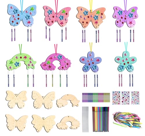 14 Stück Windspiel Bastelset Kinder Schmetterling Blume und Regenbogen, Holz Bastelsets, mit Buntes Polyesterband, Windspiel, Aquarellstift und Edelsteinaufkleber für Kindergeburtstag Basteln