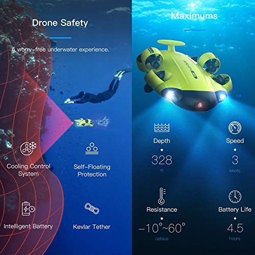 QYSEA 8500486 onderwater-drone, 100 m, 64 GB, 2 laders, VR-bril, HDMI, robotarm, motorbescherming, geel met wielen - Image 7