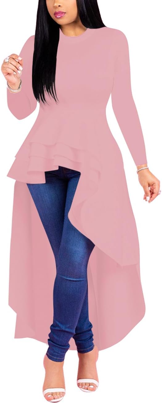 Lrady Women Ruffle High Low Asymmetrical Long Sleeve Peplum Tops Blouse Shirt Dress - Image 4