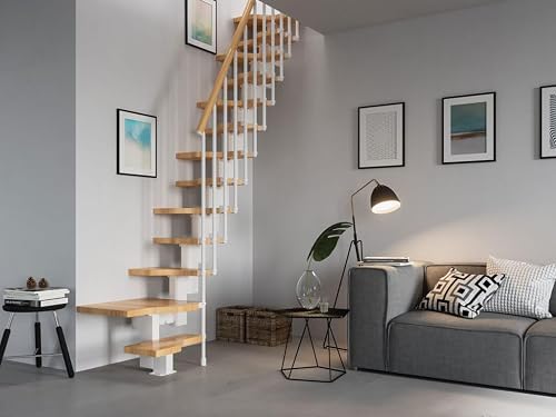 Italian Indoor Space-Saving Staircase, Beech Wood Alternate Steps Handrail, Steel