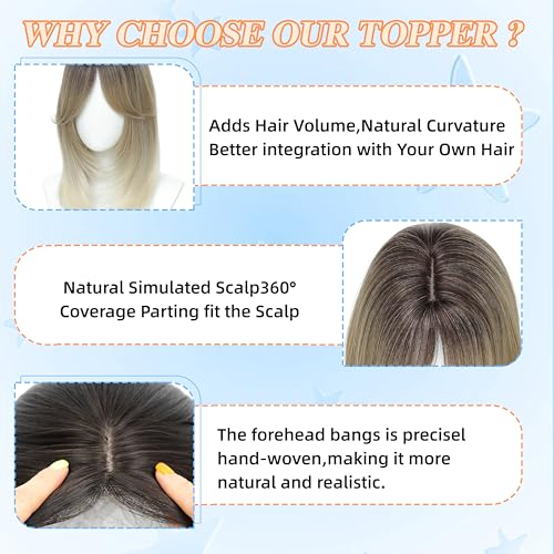 Image of Synthetic Hair Topper with Bangs 18 Inch Layered Toppers for Women with Thinning Hair 5.5 inch x 5 inch hand Tied Forehead Hairline 360 3D Cover Wispy Synthetic Toppers Hair for Women Fiber Wiglets