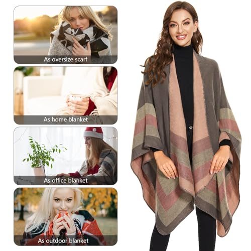 Excefore Ponchos for Women Shawls Wraps Oversized Winter Scarf Women's Knitted Cape Warm Wearable Blanket Long Cardigans Sweater Coats Birthday Gifts for Ladies, Pink
