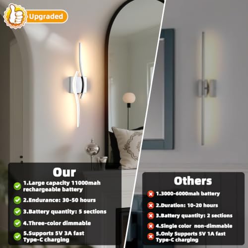Image of Battery Operated Wall Sconce, Silver LED Battery Wall Light dimming with Remote Control, 23.6 Inch Rechargeable Chrome Wireless Wall Lights for Living Room, Bedroom, and Stairs Wall Sconces (2 Pack)
