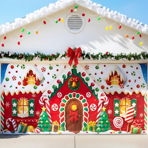 HunnmingRe 16 x 7ft Christmas Garage Door Banner Decoration Magnetic Garage Door Covers Large Christmas Backdrop Decorations for Indoor Outdoor Xmas Party (Gingerbread House)