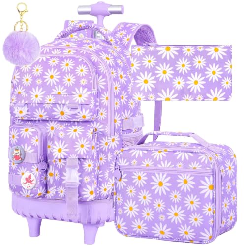 Image of CCJPX Rolling Backpack for Girls, 3Pcs Roller Wheeled School Bookbag, Daisy Wheels Backpacks with Lunch Box for Kids (Purple)