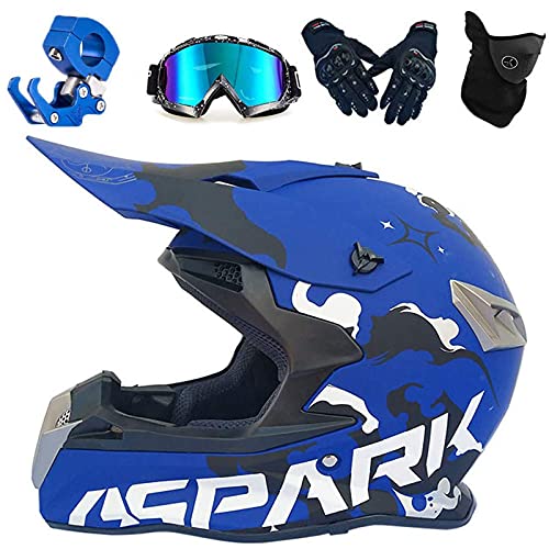 VOMI Casque Motocross Adulte Bleu, Integral Casque Moto Cross Casque VTT Accessoire Casque Crochet Goggle Gant Masque Equipement Moto Convient pour Montagne VTT, Monstre Autocollant (M 54-55CM)