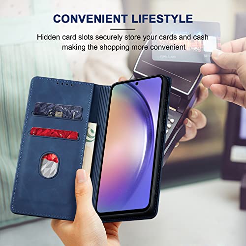 Image of Jasonyu Flip Wallet Case for Samsung Galaxy A54 5G,Leather Magnetic Folio Cover with Card Holder,Kickstand - TPU Shockproof Durable Protective Phone Case,Blue