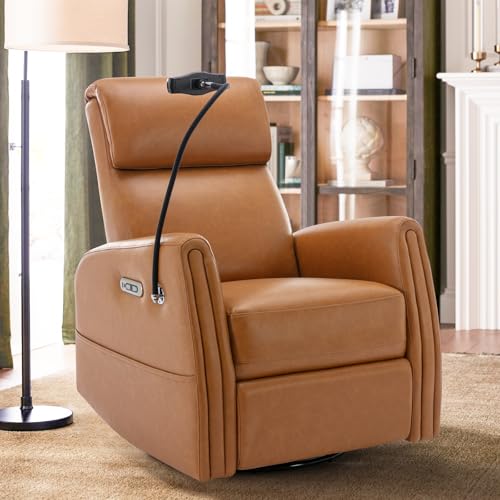 Image of COLAMY Glider Recliner Nursery Chair, Swivel Nursery Rocking Chair for Living Room, Power Recliner Accent Chair with Charging Ports for Home, Brown