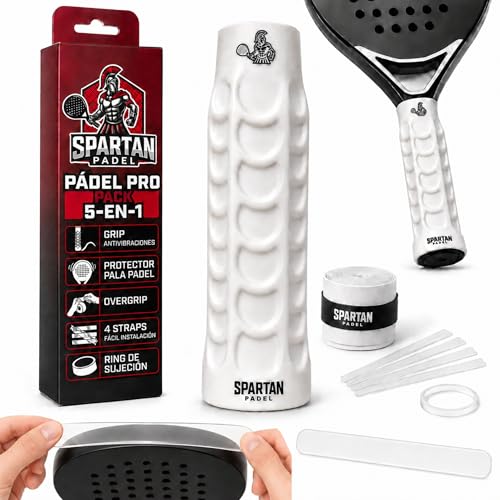 Grip Antivibraciones para Pala de Pádel | Pack 5 en 1 con Mango + Overgrip + Protector Pala Pádel + Ring + 4 Straps para fácil instalación | Empuñadura Antideslizante Blanca