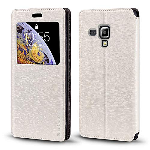 Shantime Étui Rabat Cuir Fenêtre Compatible avec Samsung Galaxy Trend Plus, Élégant Affichage Transparent, Fermeture Magnétique Cachée Porte-Carte(Blanc)
