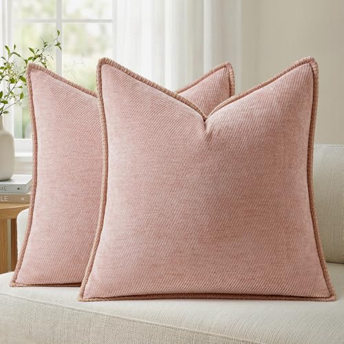 Image of a moment Pack of 2 Decorative Chenille Throw Pillow Covers with Twill Cushion Covers for Sofa Living Room Couch Bed 22x22 Inch,Crafted Border Blush Pink