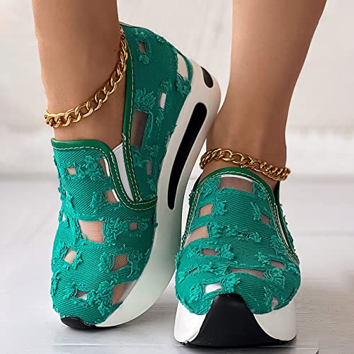 Fashion Sneakers for Women 2023 Floral Embroidery Breathable Sheer Mesh Sneakers Slip On Sneakers Platform Wedge Sneakers Dressy Casual Shoes Walking Sneakers (C-Green, 8.5)3