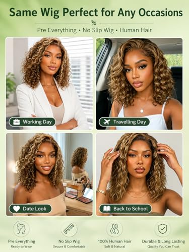 Image of KLAIYI Bye Bye Slip Ombre Highlights Blonde Bob Water Wave Curly Precut 7x5 Lace Front Wigs Human Hair Side Part Drawstring 180% Density Pre Plucked Bleached Knots 30S Ready to Wear and Go Wig 10Inch