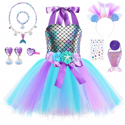 TOLOYE Disfraz Princesa Niña, Vestido Sirenita con Venda Collar Set, Vestido Princesa para Cumpleaños Fiesta Halloween Navidad Carnaval Cosplay (120)