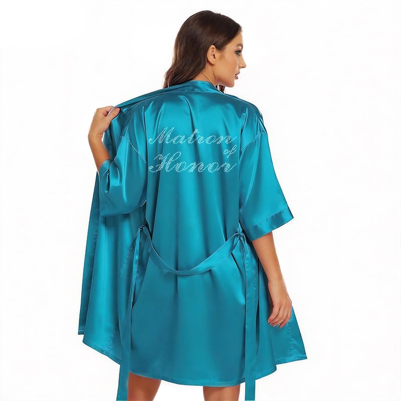 Image of Women's Bride Bridesmaid Robes Short Satin One Size Silver Rhinestones Wedding Party Getting Ready Sleepwear