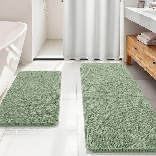 Image of OLANLY Bathroom Rugs Sets 2 Piece, Soft Absorbent Chenille Bath Mats Area Rug Set, Non-Slip, Quick Dry, Machine Washable Bath Mats for Bathroom, Home Decor Accessories (59 inchx20 inch+30 inchx20 inch, Sage Green)